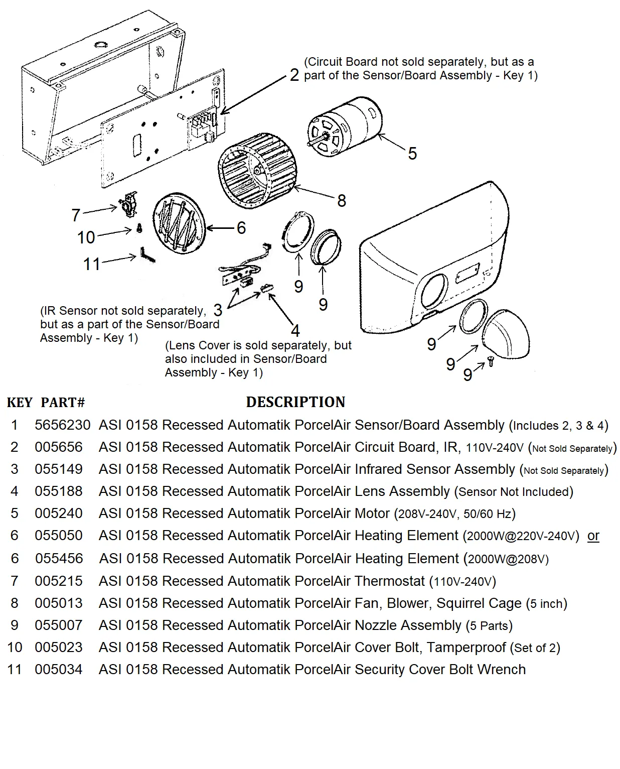 ASI 0158 Recessed PORCELAIR (Cast Iron) AUTOMATIK (208V-240V) INFRARED SENSOR and IR CIRCUIT BOARD ASSEMBLY (Part# 5656230)