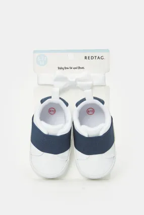 Babies White Pram Shoe With Bow Tie Set (2 Piece)