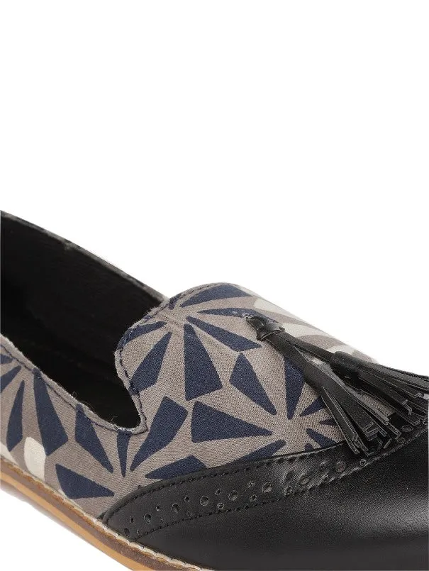 Flora Black Solid & Block Printed Tasselled Handcrafted Loafers