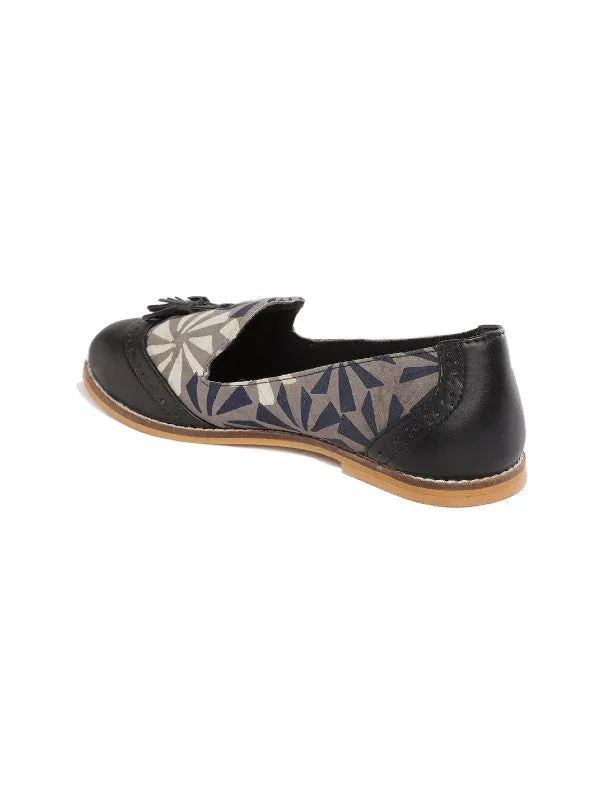 Flora Black Solid & Block Printed Tasselled Handcrafted Loafers