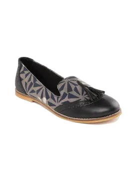 Flora Black Solid & Block Printed Tasselled Handcrafted Loafers