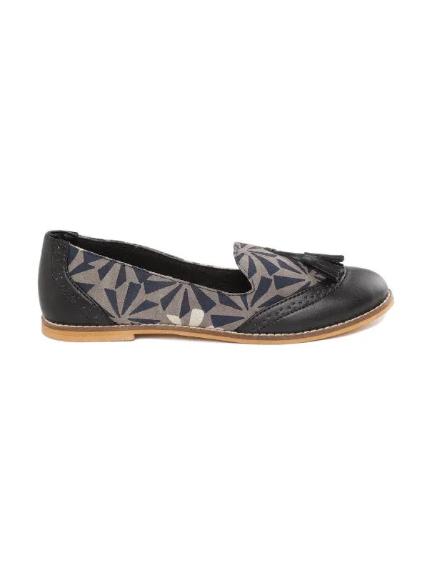 Flora Black Solid & Block Printed Tasselled Handcrafted Loafers