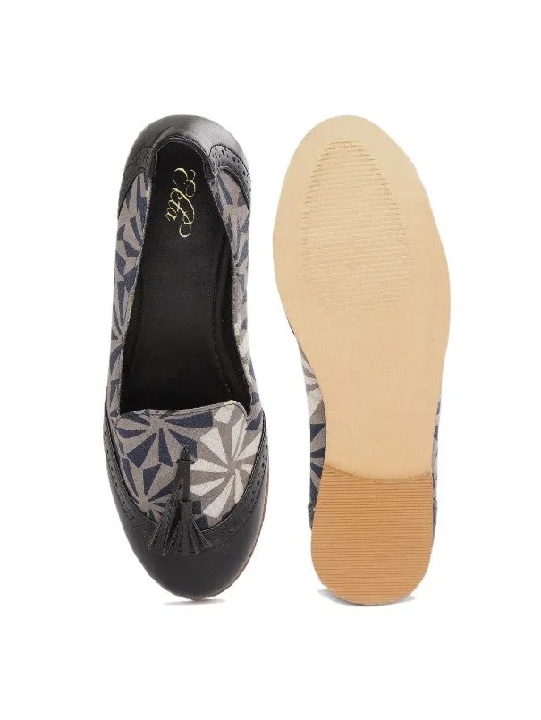 Flora Black Solid & Block Printed Tasselled Handcrafted Loafers