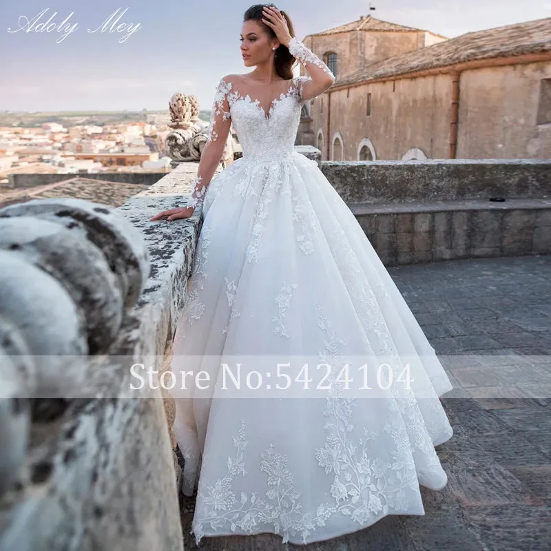 Gorgeous Appliques Long Sleeve Beading Ball Gown Wedding Dress 2024 Romantic Scoop Neck Lace Up Vintage Bridal Gown Customized