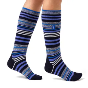 Ladies Ultra Lite Long Ski & Snow Sports Socks - Blue Stripe