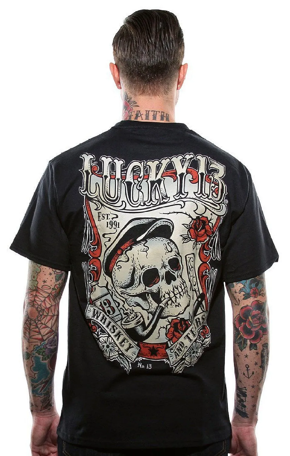 Lucky 13 Whiskey and Tears Skull Design Short Sleeve Mens T-shirt