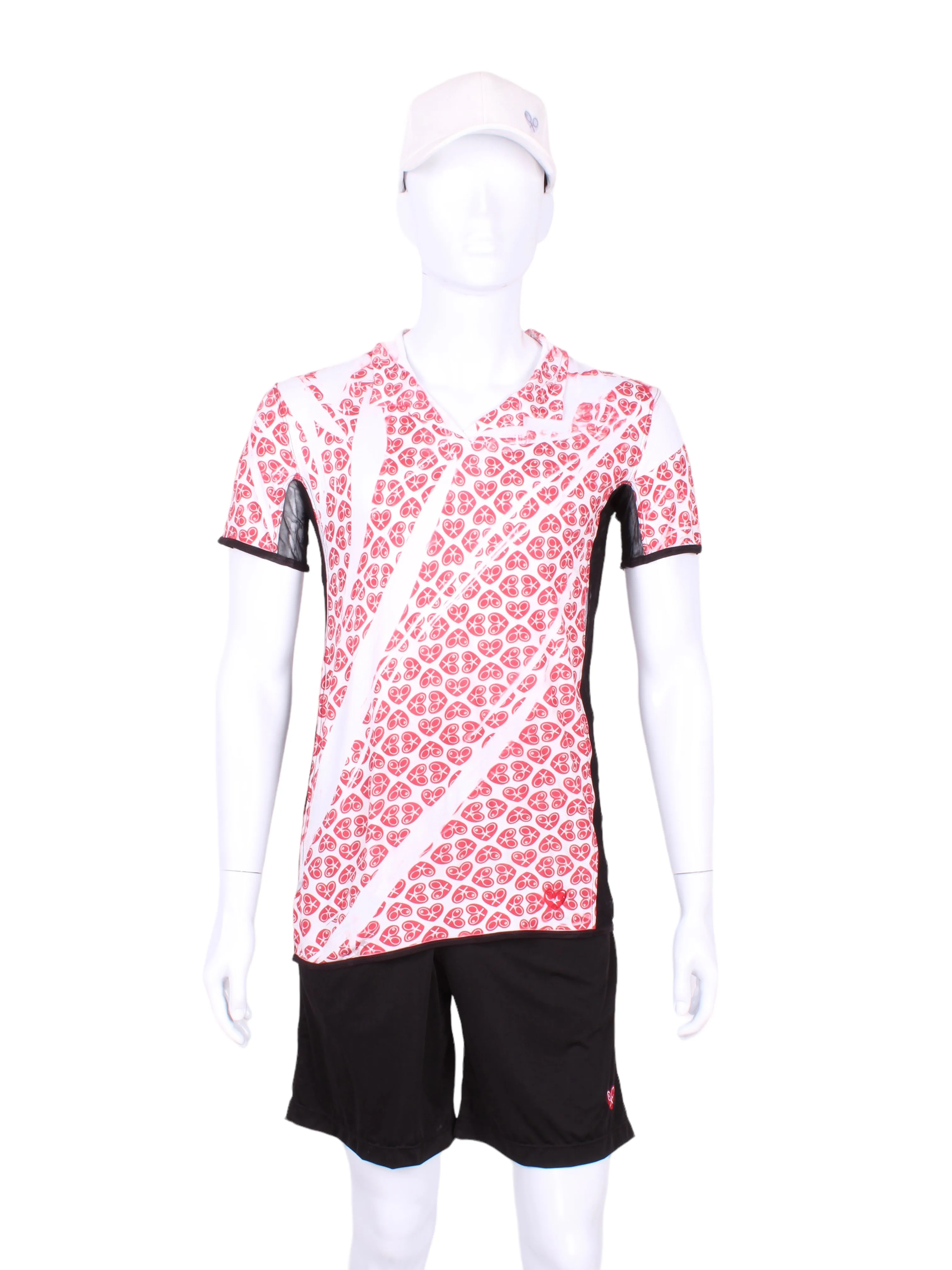 Men’s Short Sleeve Polo Shirt Hand Pressed N/E/S/W Hearts On White With Black Mesh