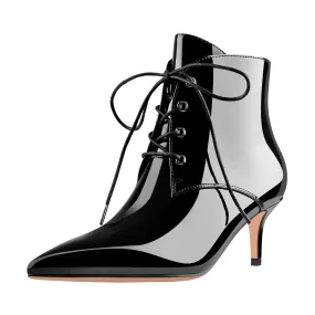 Patent Leather Pointed Toe Lace-up Kitten Low Heel Booties