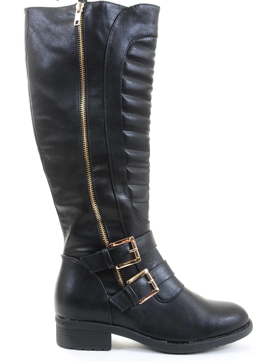 Quilted Leatherette Strap Riding Vegan Knee Boot