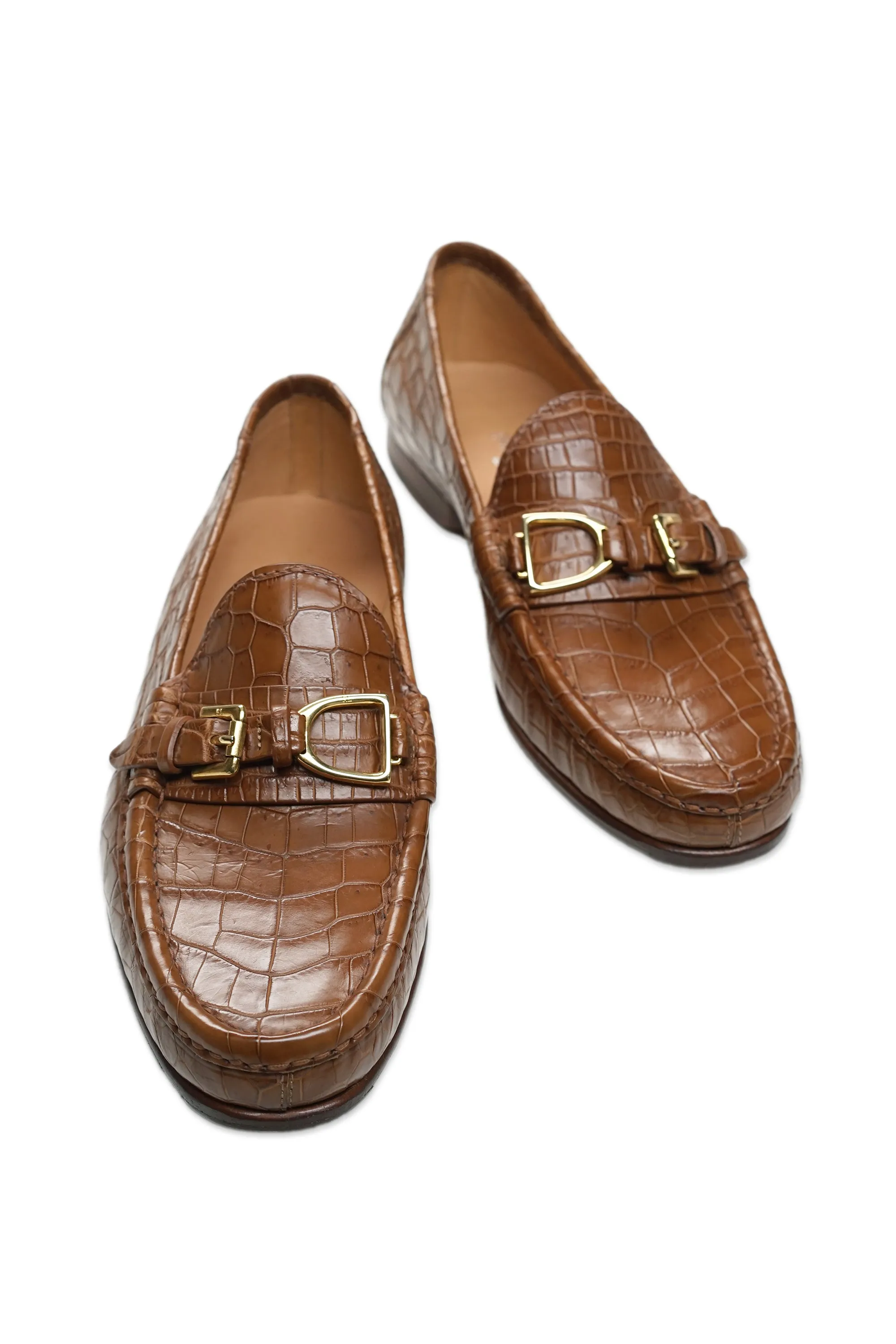 Ralph Lauren Brown Alligator Leather Gold Stirrup Strap Loafers