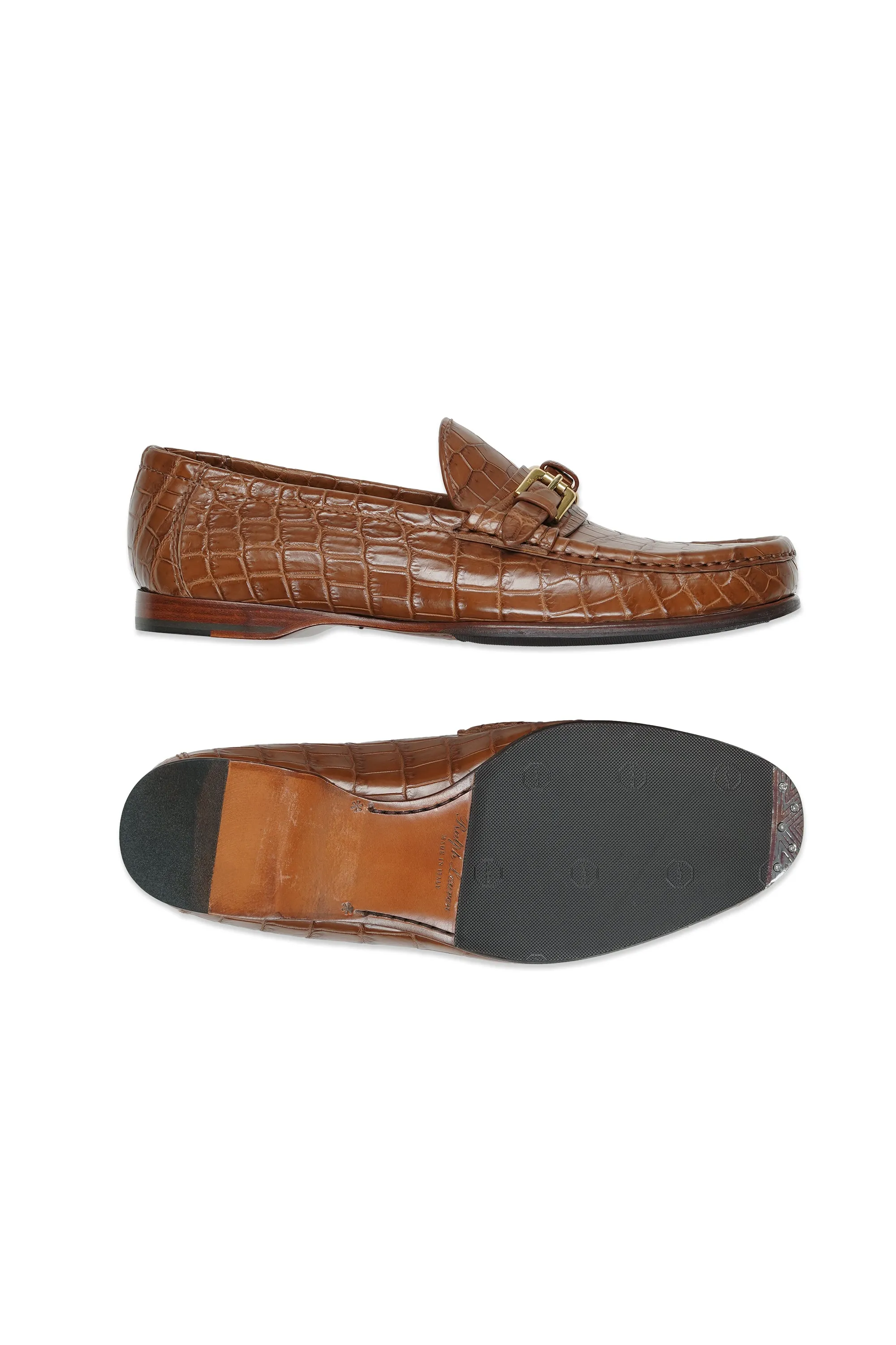 Ralph Lauren Brown Alligator Leather Gold Stirrup Strap Loafers