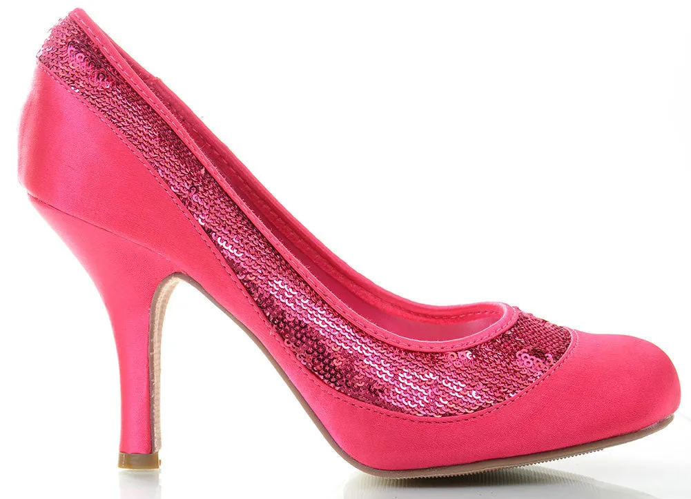 Sequin Fuchsia Satin Low Heel Pumps