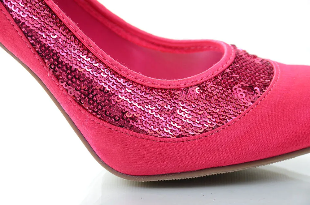 Sequin Fuchsia Satin Low Heel Pumps