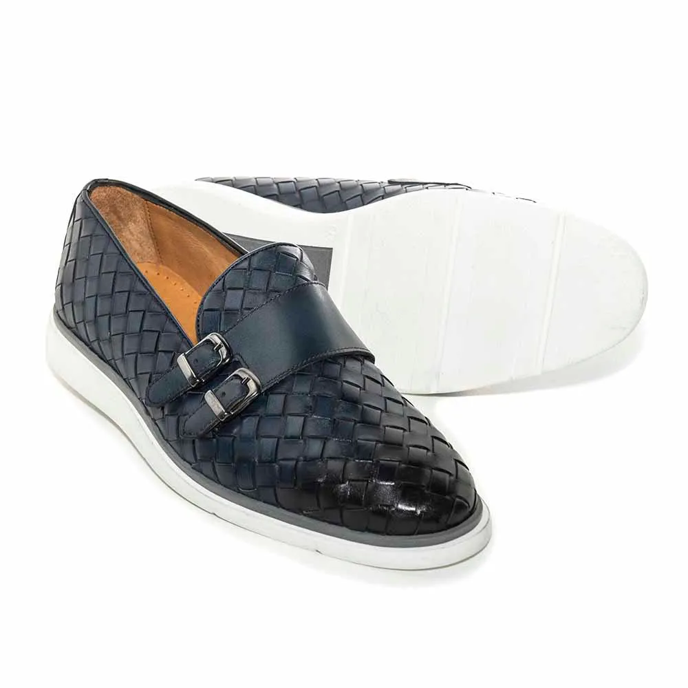 SIGOTTO UOMO Woven Double Buckle Navy Blue Soft Leather Casual Shoes