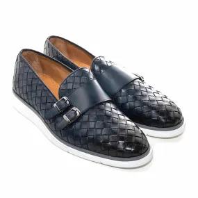 SIGOTTO UOMO Woven Double Buckle Navy Blue Soft Leather Casual Shoes