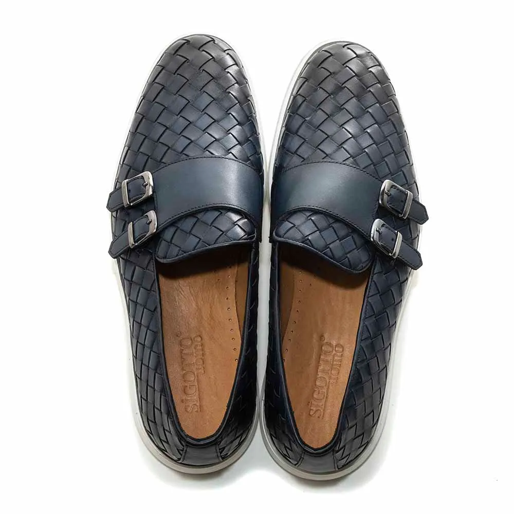 SIGOTTO UOMO Woven Double Buckle Navy Blue Soft Leather Casual Shoes