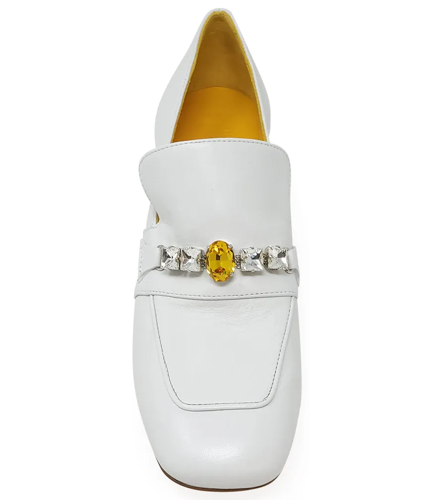 White Leather Mid Heel Jeweled Loafer