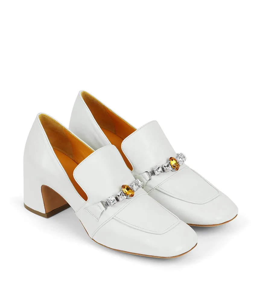 White Leather Mid Heel Jeweled Loafer