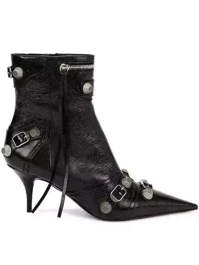 Women’s Buckle and Stud-Embellished Black High-Heel Boots