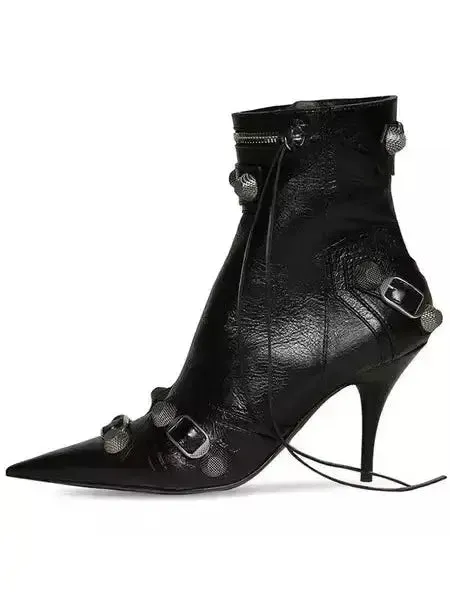 Women’s Buckle and Stud-Embellished Black High-Heel Boots