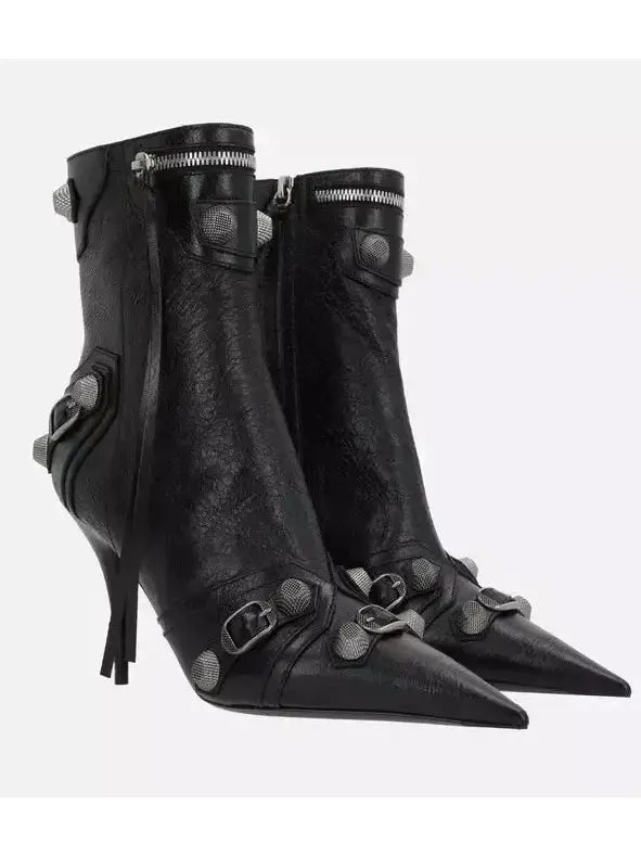 Women’s Buckle and Stud-Embellished Black High-Heel Boots